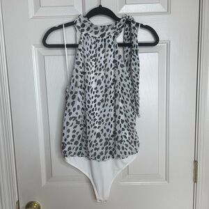 Express white & black animal print high neck tied bodysuit | S